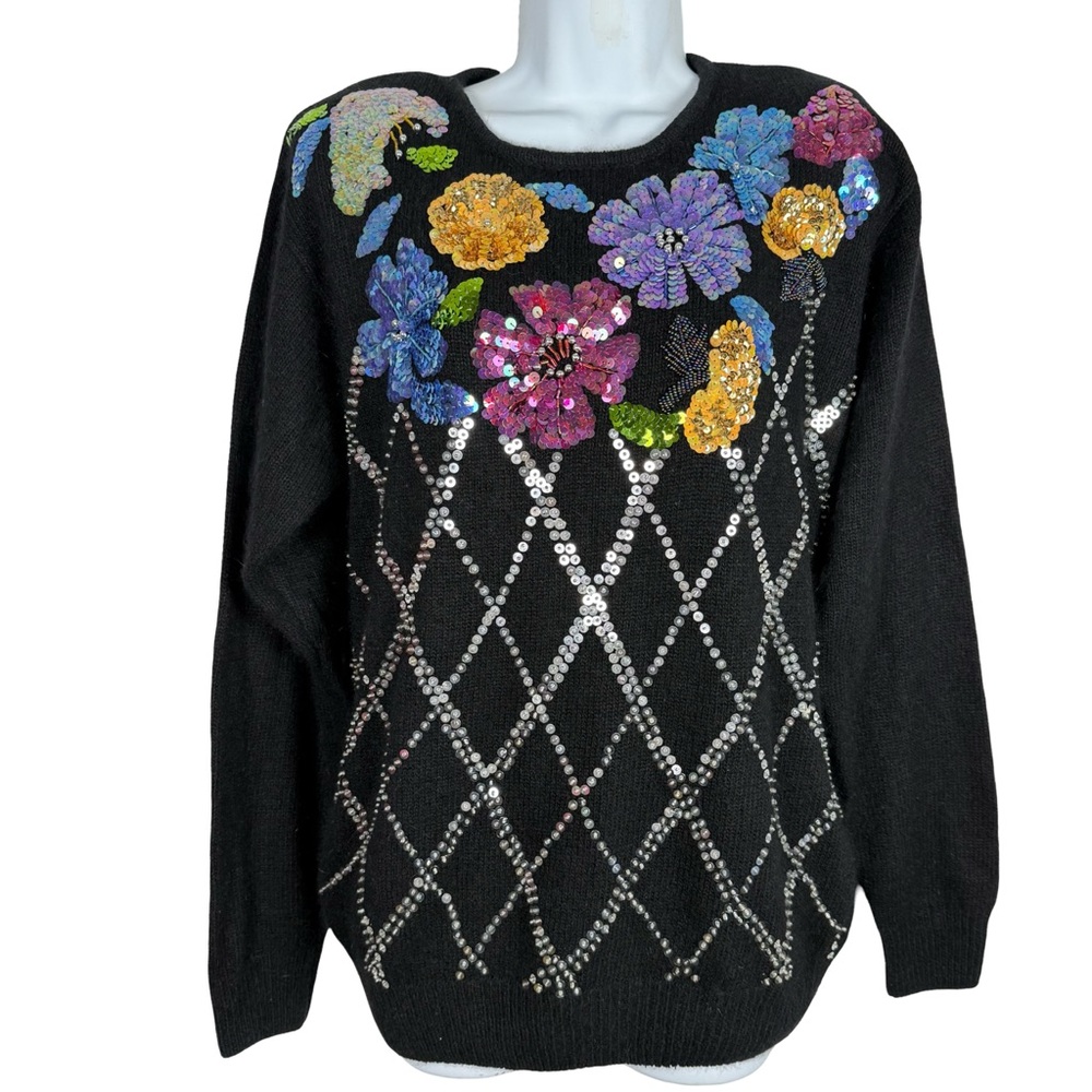 RARE VINTAGE GLADYS BAGLEY Silk Angora Sequin Floral Sweater 80s 90s